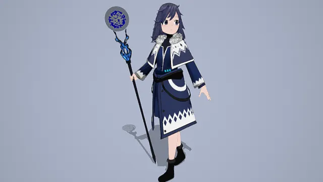 3D卡通风格蓝白系魔法少女角色模型，创意设计（3D角色、卡通风格、奇幻风，角色设计主题）