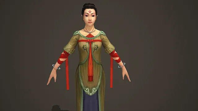 额点花钿的黄绿蓝配色古风仕女游戏角色模型