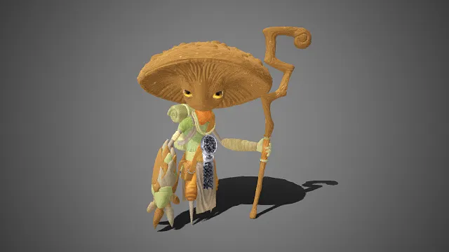 奇幻风格  蘑菇人  巫师  角色模型  黄瞳尖脸  森林系服饰  木纹法杖  