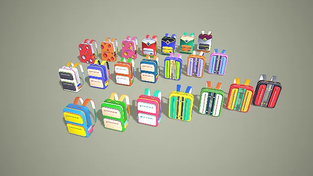 卡通风格多款式学生书包背包 3D 模型合集 游戏道具资产