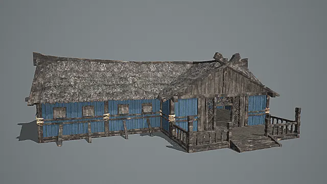 复古木质草顶蓝墙长形建筑3D模型