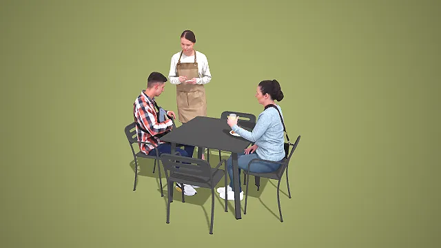 卡通风格餐厅点餐场景三人组合 3D 低多边形餐饮场景装饰模型