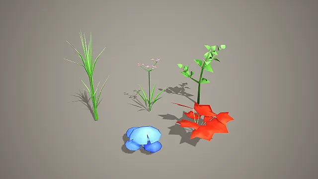 卡通低模多品类植物 3D 模型套装 游戏场景自然装饰素材