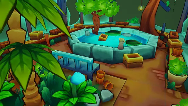 卡通风格3D温室场景模型，创意设计（卡通温室、热带植物、圆形水池、蓝色长椅、黄色花盆、木质平台、奇幻氛围）