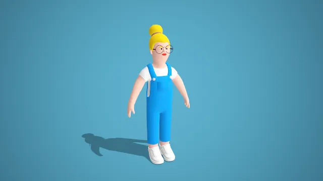 卡通金发女性角色 3D 模型蓝背带裤款