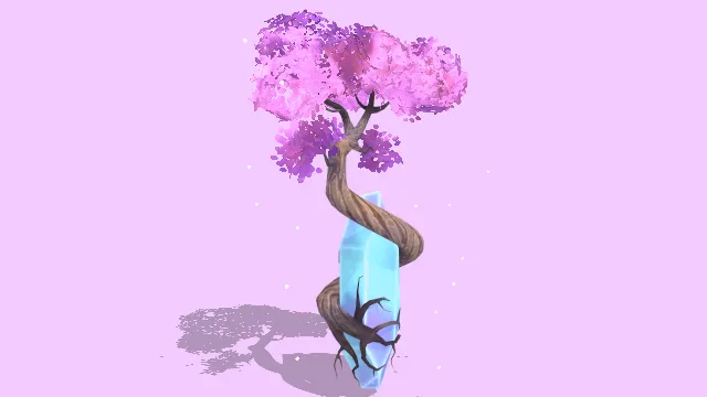 开满花的树根部缠着一块蓝色水晶