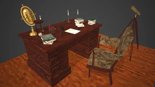 复古  学者书桌场景  风格典雅  木质书桌  精致布局  学术氛围