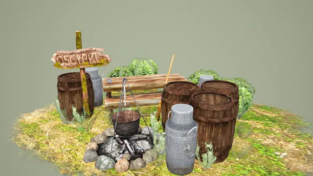 3D写实风户外烹饪场景模型，创意设计（3D场景、写实风格、质朴乡村，生活主题，场景元素）