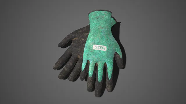 旧化的工作手套  绿网布材质  黑色防滑掌面  弹性针织设计  劳保防护工具  实用属性