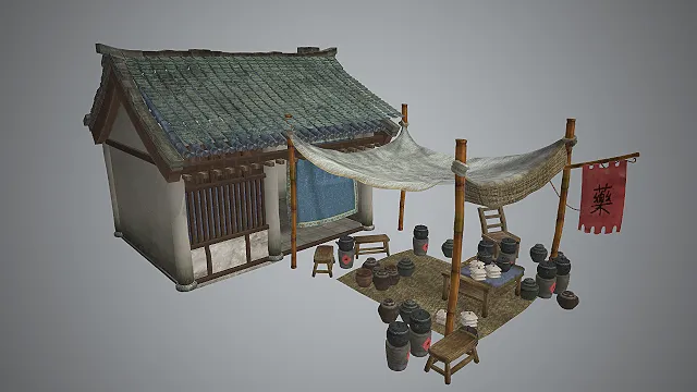 一套中式古风药铺全套道具的3D场景模型