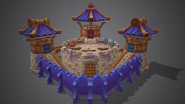  Q 版仙侠游戏紫韵仙镇戍卫堡垒模型 