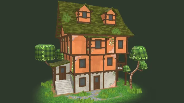 卡通风格动漫屋建筑树木场景