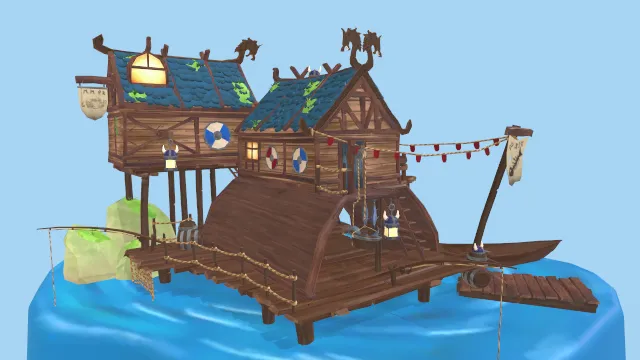 维京渔夫之家木屋建筑场景钓鱼木船