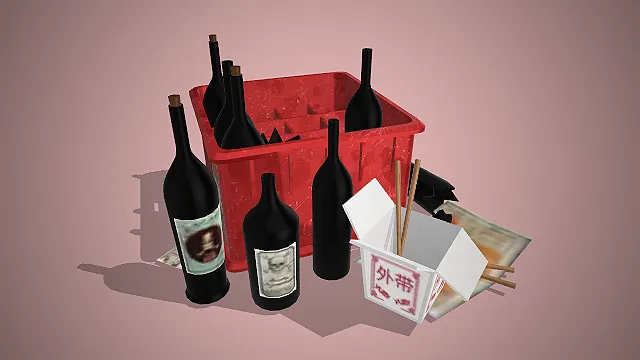 写实风格的包含红色周转箱、多瓶红酒、外卖餐盒的3D道具组合模型