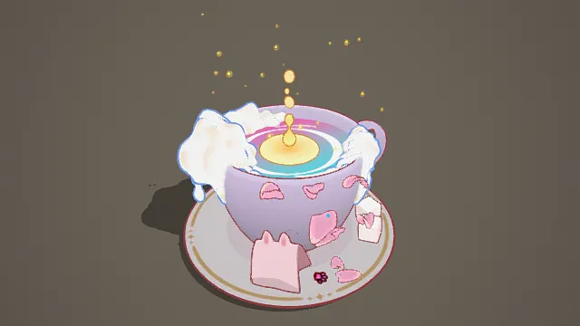 3D卡通风格紫粉黄蓝系奇幻茶杯模型，创意设计（3D茶杯、卡通风格、梦幻甜美风，茶具设计主题）