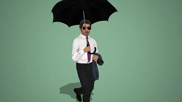 持黑伞披西装的衬衫领带墨镜男性行走模型