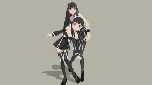 3D卡通风格黑白带系双生少女角色模型，创意设计（3D角色、卡通风格、卡通萌系风，角色设计主题）