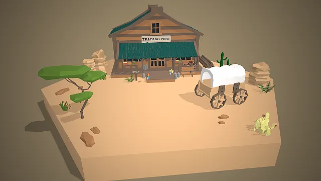 一个卡通风格的3D低多边形西部交易站模型