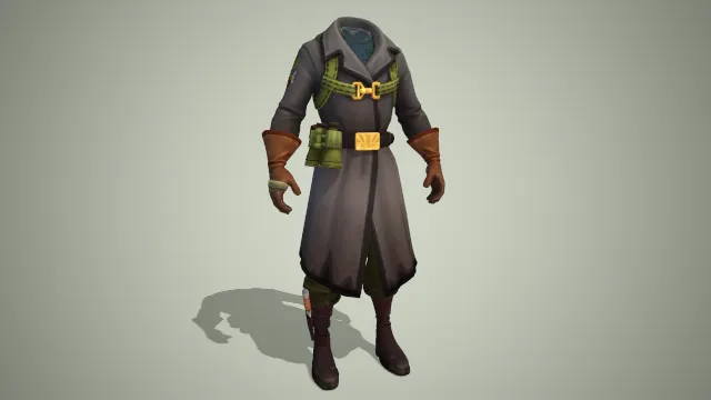 灰色大衣  皮手套  腰带  棕色靴子  望远镜