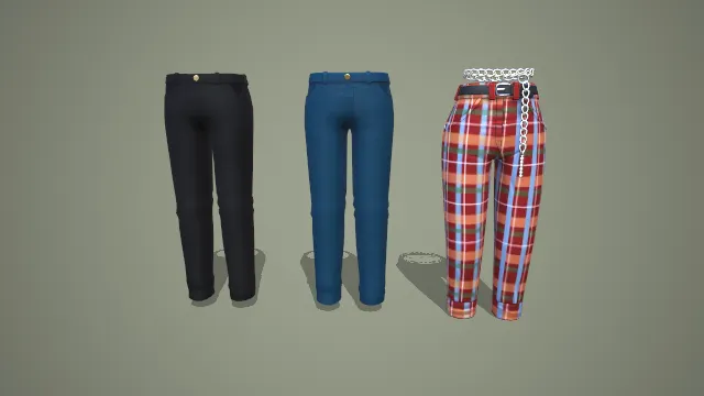 黑蓝纯色修身裤与格纹链条卷边裤三件套 3D 模型
