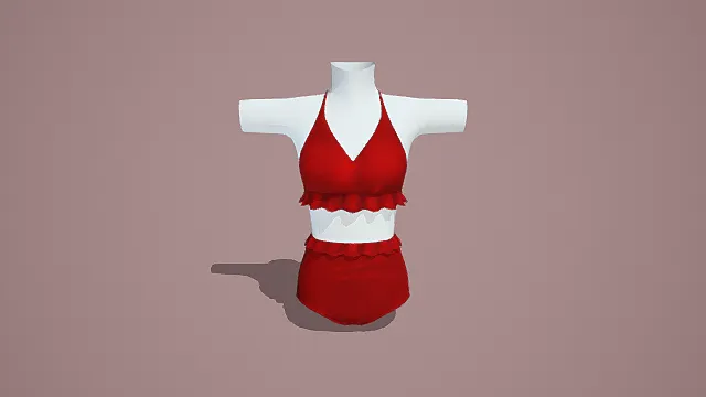 时尚风格红色分体套装3D模型，V领与短款设计