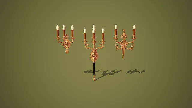 欧式复古金色三臂烛台三款组合壁灯场景装饰模型