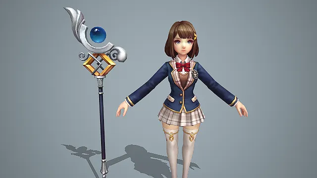卡通写实风学院制服少女法师带蓝晶法杖 3D 游戏角色模型