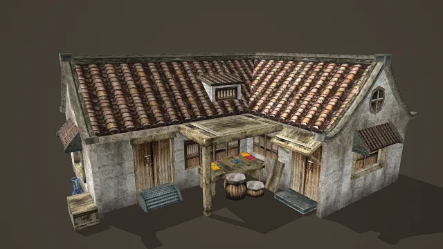 3D写实风格中式古旧民居模型，创意设计（3D建筑、写实风格、古朴怀旧，中式乡村主题，建筑元素）