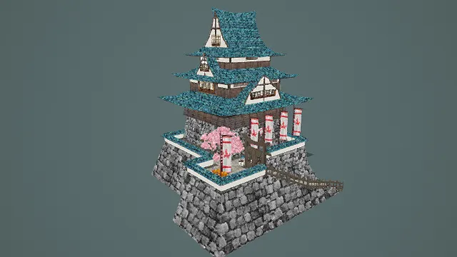 3D卡通风格蓝棕灰粉系日式城堡模型，创意设计（3D城堡、卡通风格、卡通日式风，建筑设计主题）