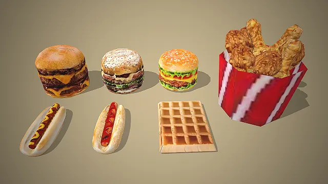 一组西式街头快餐的3D模型，包含汉堡、热狗、华夫饼和炸鸡