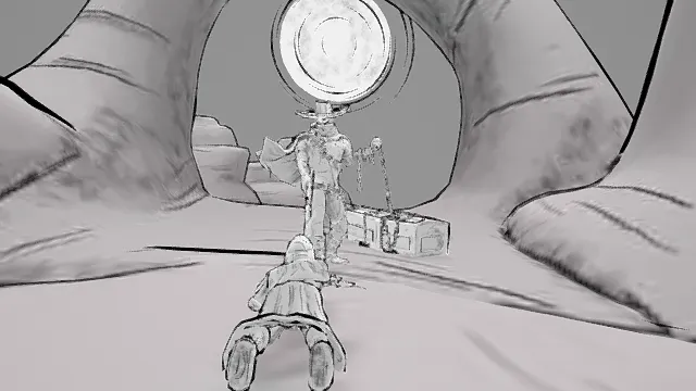 3D卡通风格西部骷髅场景模型，创意设计（3D场景、卡通风格、黑白线稿风，场景设计主题）