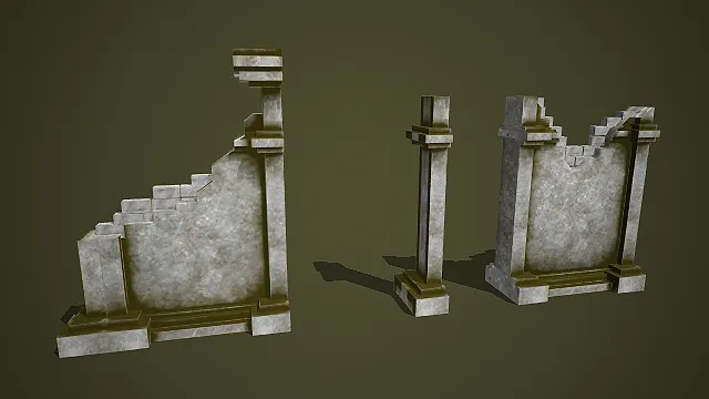 复古残损石质建筑构件组合写实模型