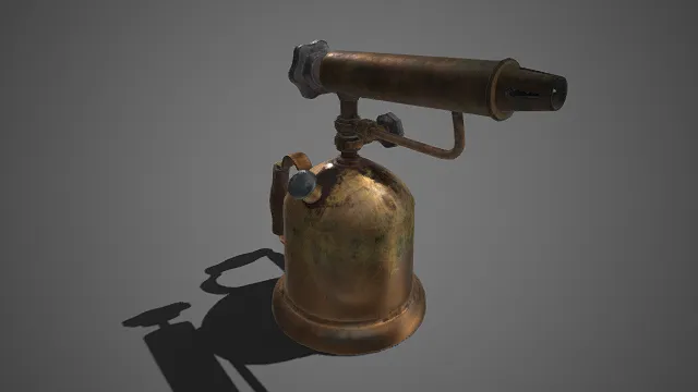 黄铜喷灯  氧化 锈迹与磨损  复古工业质感  储燃料罐  金属喷管  调节阀门与手柄  工业器具