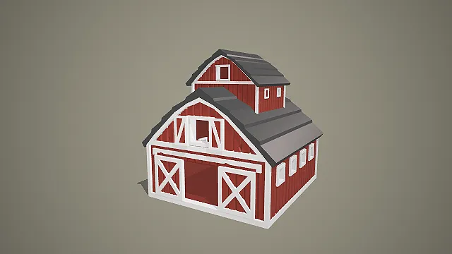 低多边形双层红色谷仓 3D 模型 农场建筑场景搭建素材