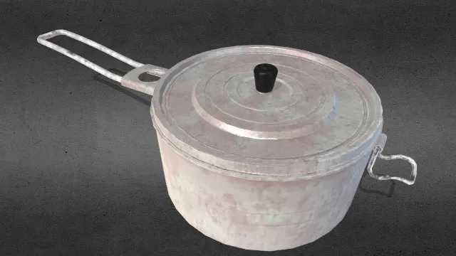 便携式露营铝锅的3D模型，其外观和结构清晰地体现了这类炊具的典型特征。