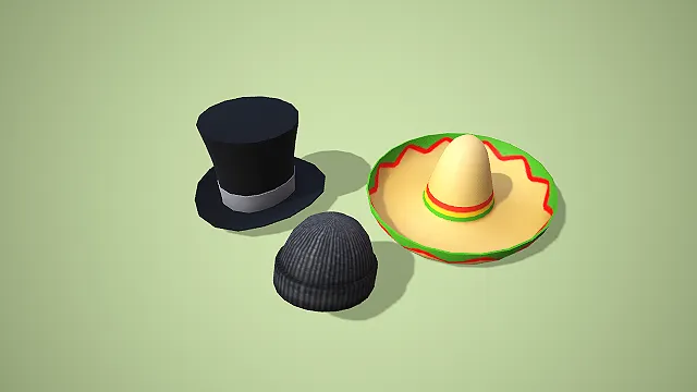 低多边形高顶礼帽针织帽墨西哥草帽套装 3D 角色配饰模型