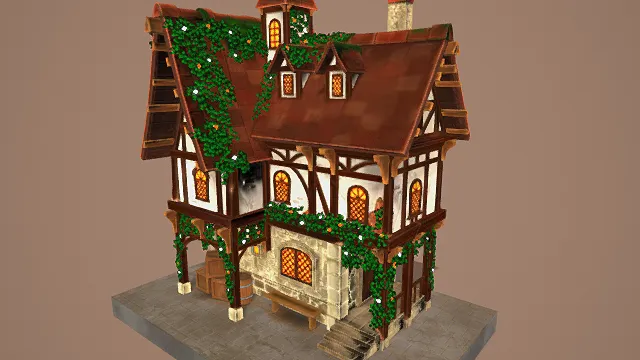 3D卡通风格中世纪房屋场景模型，创意设计（3D场景、卡通风格、复古奇幻风，场景设计主题）