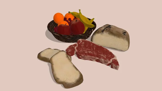 篮子装的水果和肉食，面包和面包片