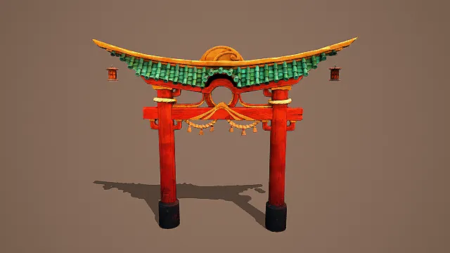 卡通风格3D中式牌坊模型，创意设计（卡通中式牌坊、3D模型、红黄绿主色调、飞檐斗拱结构、绿色瓦片）