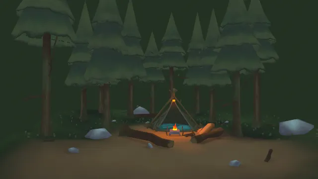 卡通风格森林露营松树帐篷火堆场景