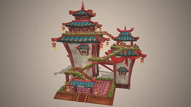 空中楼阁  手绘风格  悬空栈道  云纹雕花