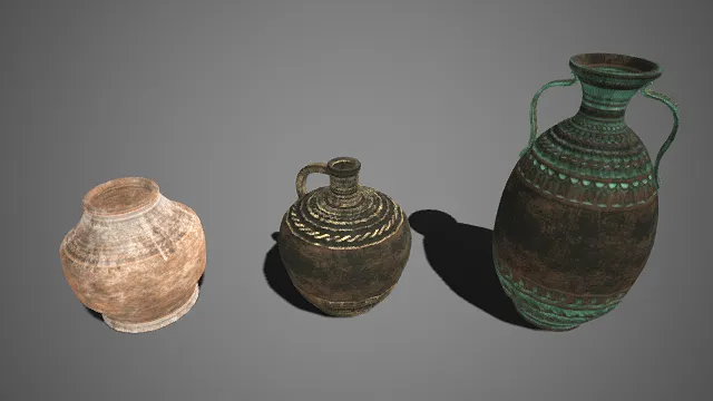 写实风格  古文明风格  陶罐器皿  浅褐素面罐  深褐纹络单耳瓶  绿锈双耳瓶  生活场景类  历史感  储物功能