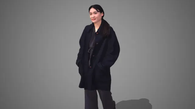 简约全黑长款大衣女性行走形象 3D 模型