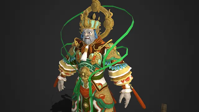 国风   3D 角色模型  四天王之一  佛教护世  中式铠甲  神态威严怒相  传统宗教元素  文化寓意