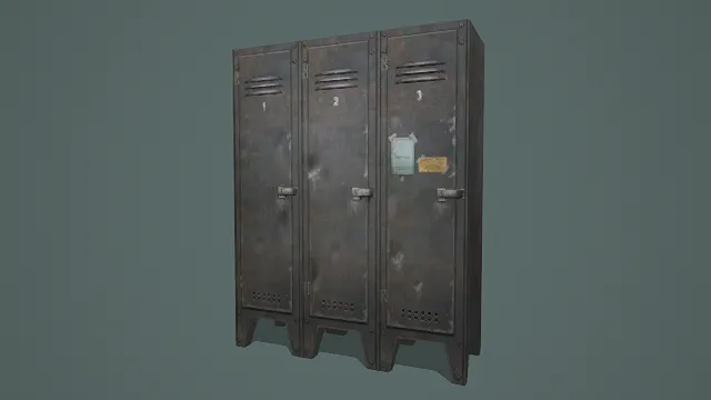 写实风格3D做旧铁皮储物柜模型，创意设计（写实做旧铁皮储物柜、三连柜结构、编号标识、通风孔、磨损锈蚀质感）