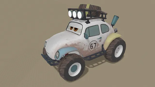 3D卡通风格越野车模型，创意设计（3D越野车、卡通风格、萌趣冒险风，动漫角色设计主题）