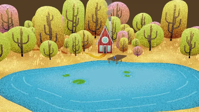 卡通风格化湖边树林的房子湖水人物