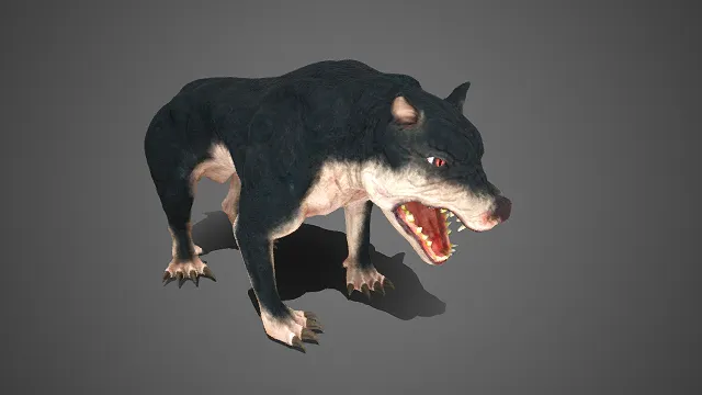 狼  浅灰斑纹  壮实的肌肉线条  獠牙锋利  嘴部大张呈嘶吼状  暴戾红眼  野兽  