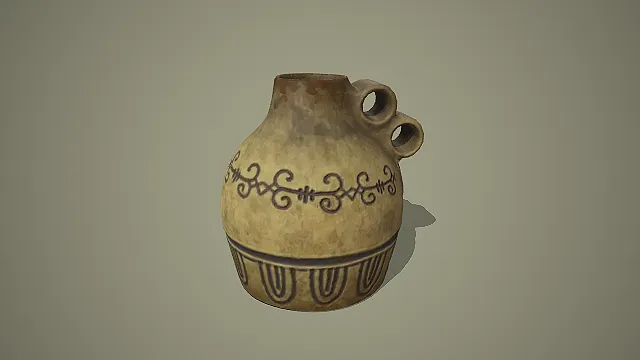 双环形提手卷草纹与 U 型纹陶罐原始风格陶器 3D 模型