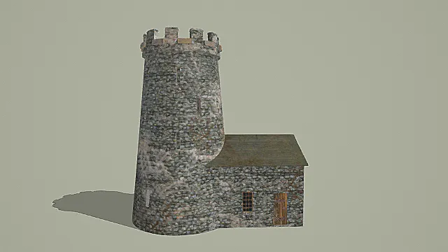 复古石砌圆形塔楼与附属建筑3D模型